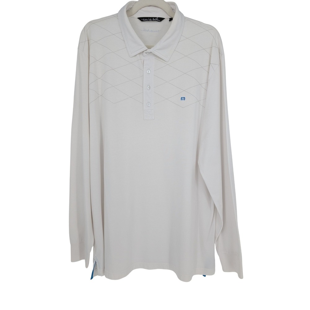 TravisMathew Long Sleeve Polo Mens XXL White Diamond Stitch Pima‎ Cotton Golf